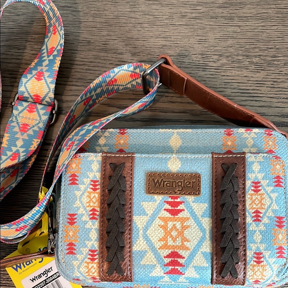 Wrangler Blue and Brown Geometric Crossbody Bag